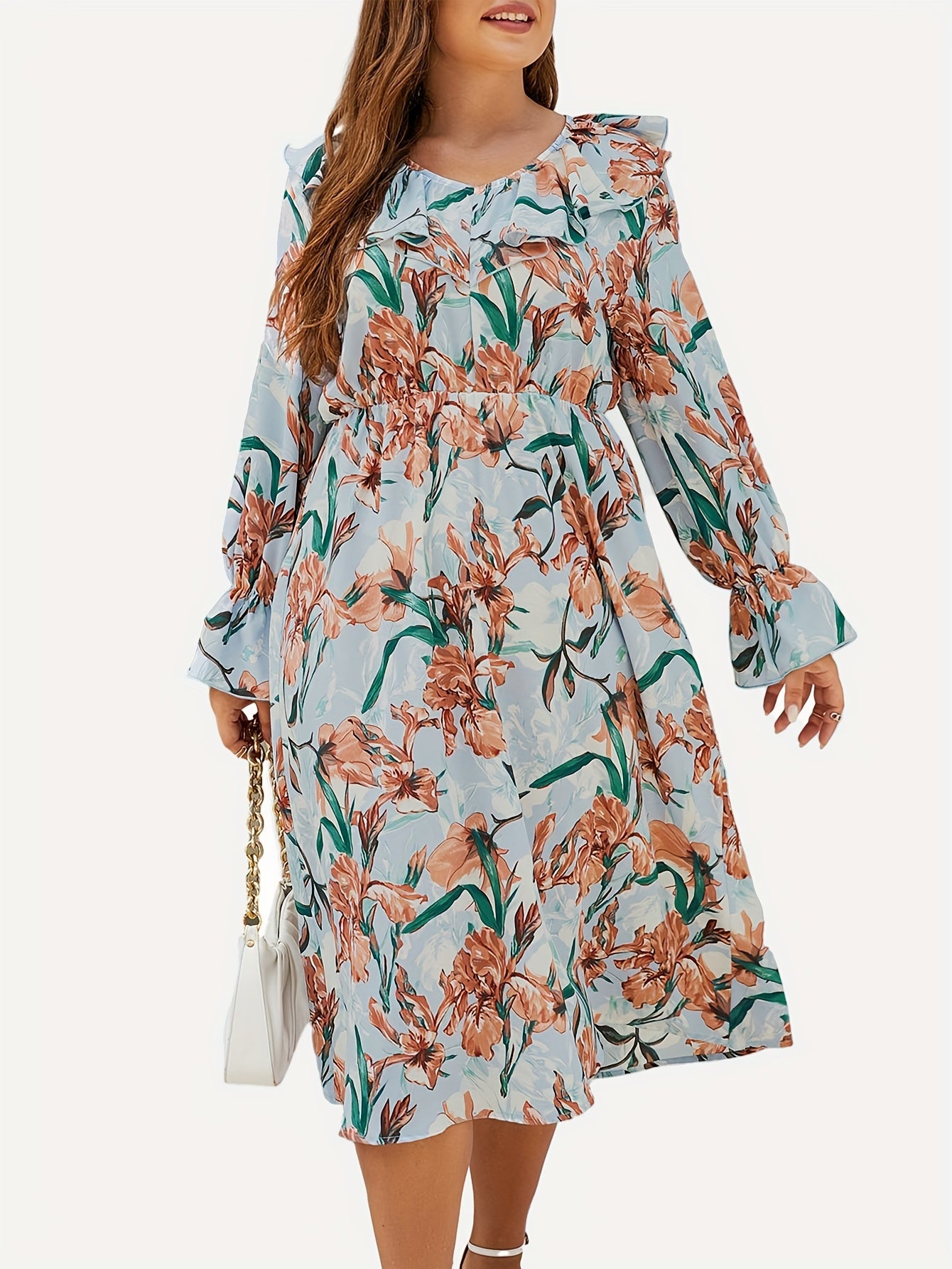 Floral Print Ruffle Sleeve V Neck Dress