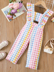 Toddler Girls Plaid Graphic Ruffle Trim Romper Jumpsuit