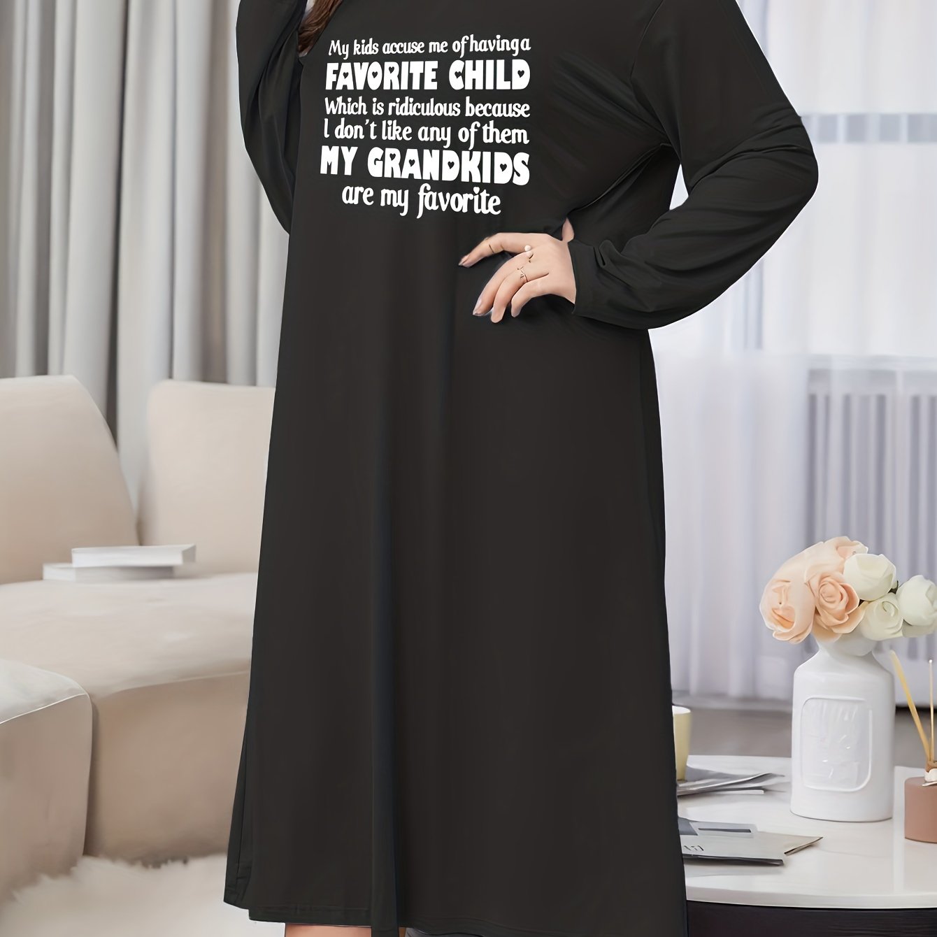 Slogan Print Lounge Dress Long Sleeve Round Neck