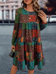 Boho Patchwork Print Lantern Sleeve Round Neck Loose Fit Mini Dress