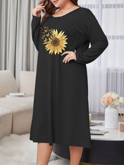 Sunflower & Butterfly Print Lounge Dress Long Sleeve Stretch Nightdre