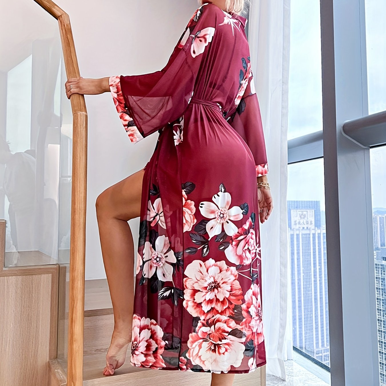 Floral Print Mesh Night Robe Long Sleeve V Neck Robe With Belt