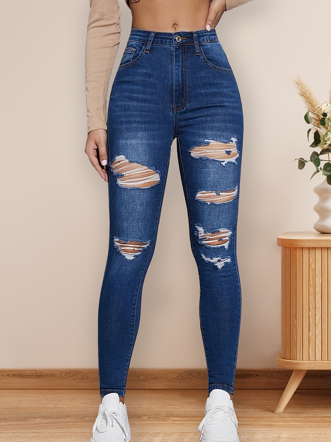 Ripped High Rise Skinny Jeans Stretchy Denim Pants