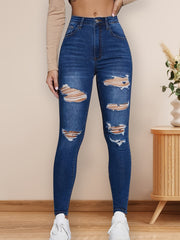 Ripped High Rise Skinny Jeans Stretchy Denim Pants