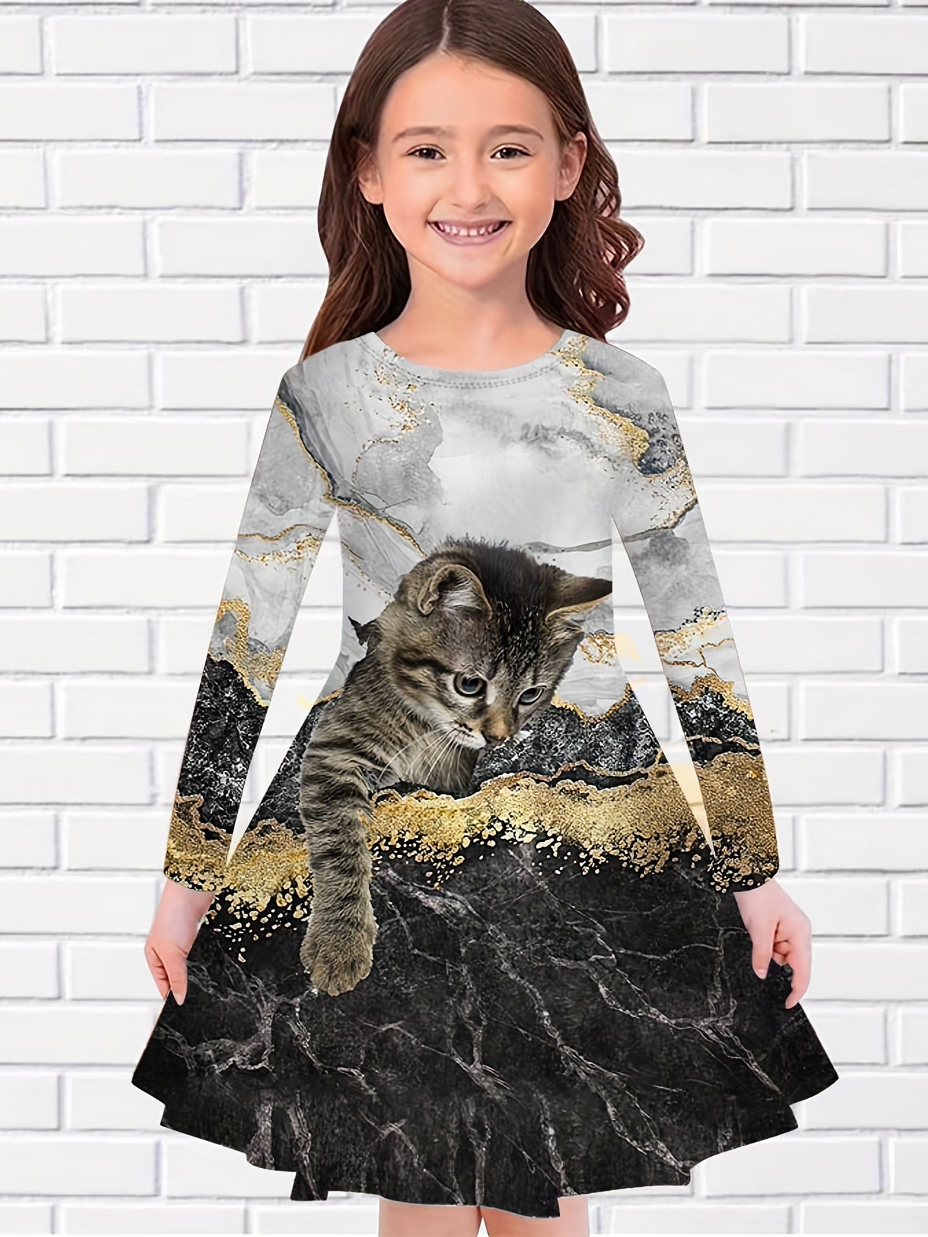 Sweet Girls Kitten Long Sleeve Dress for Spring Fall Party