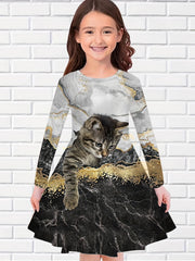 Sweet Girls Kitten Long Sleeve Dress for Spring Fall Party