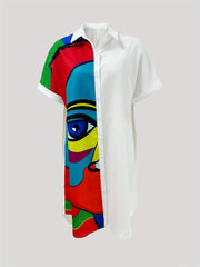 Print Button Front Shirt Dress Rolled Short Sleeve