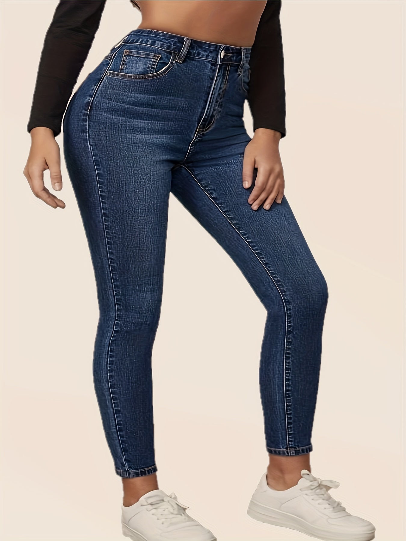 Women's Casual Button Fly Mid Waist Slim Fit Jeans