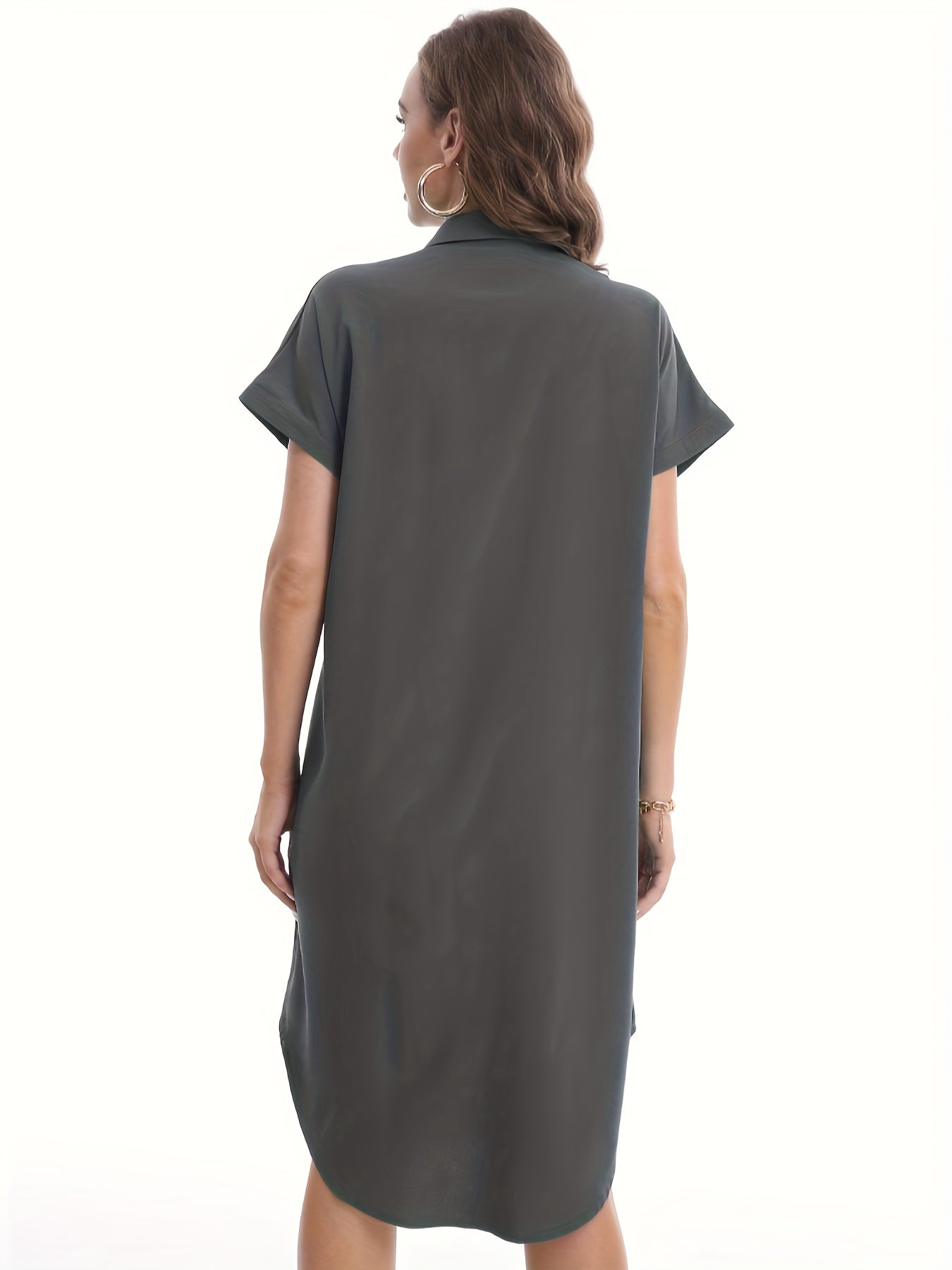 Button Front Shirt Dress Solid Short Sleeve Dress
