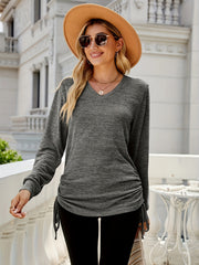 Casual Knit Top Women's Plus Solid Side Tie Ruched Long Sleeve