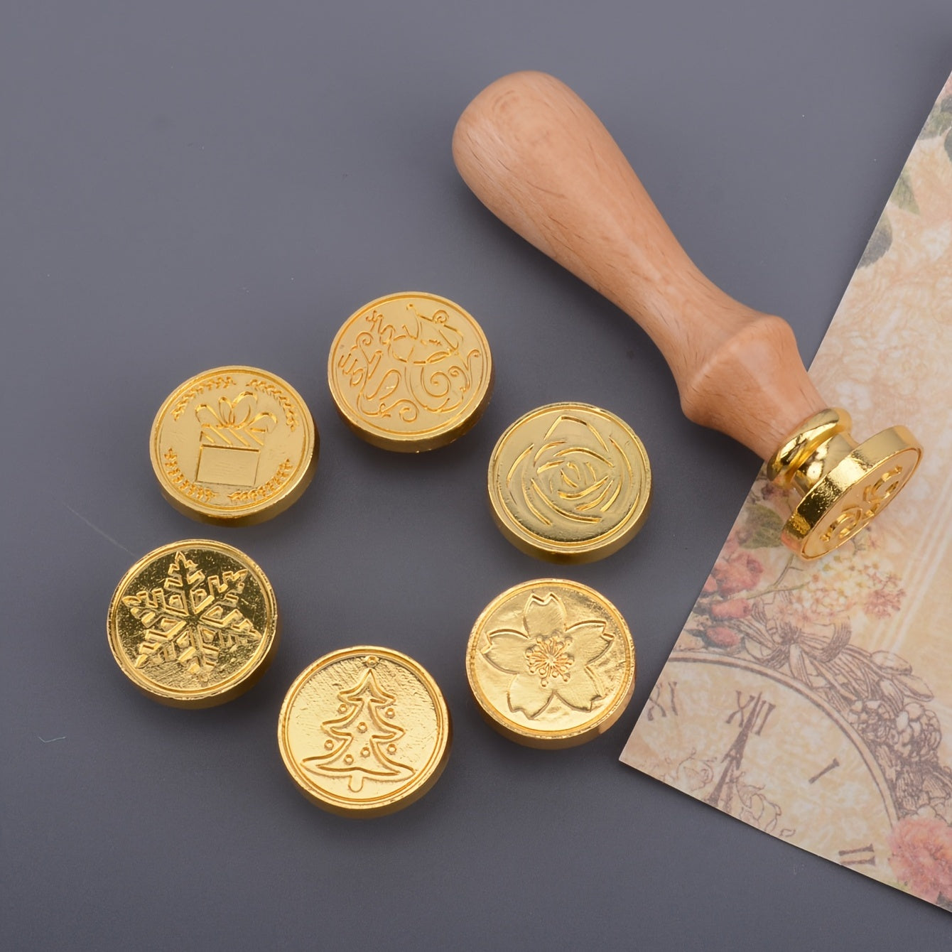 Christmas Wax Seal Stamp Set 6pcs Sealing Wax Stamp Heads & 1pc Wooden Handle