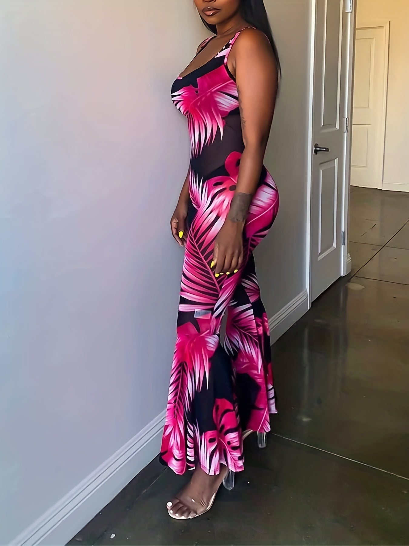 Floral Print Round Neck Flared Leg Jumpsuit