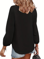 Casual Blouse: Solid Lantern Sleeve V Neck Top