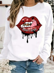 Lip Print Sweatshirt Casual Long Sleeve Crew Neck Women's Clothing
