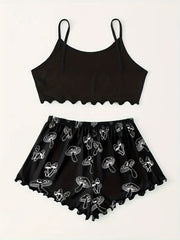 Mushroom Print Lounge Set Sleeveless Cami Crop Top & Bow Elastic Shorts