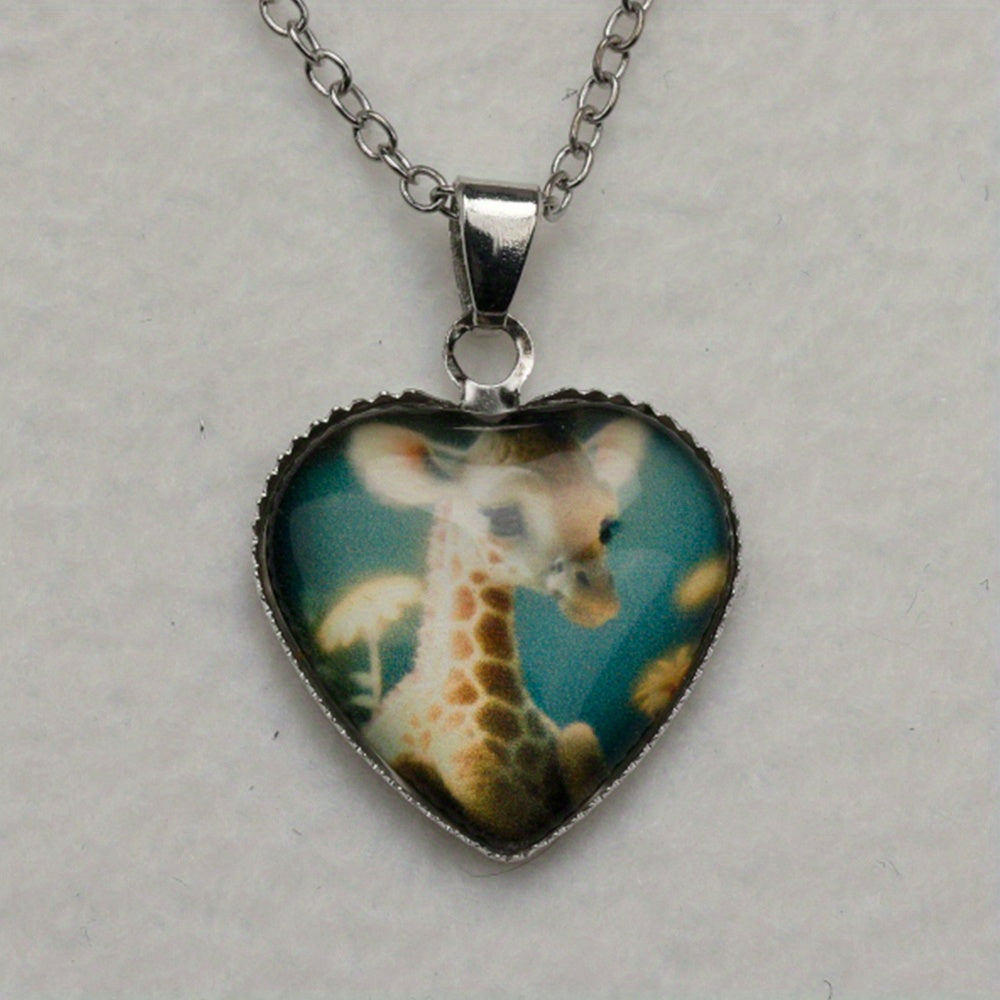 Little Giraffe Animal Heart Pendant Necklace for Girls