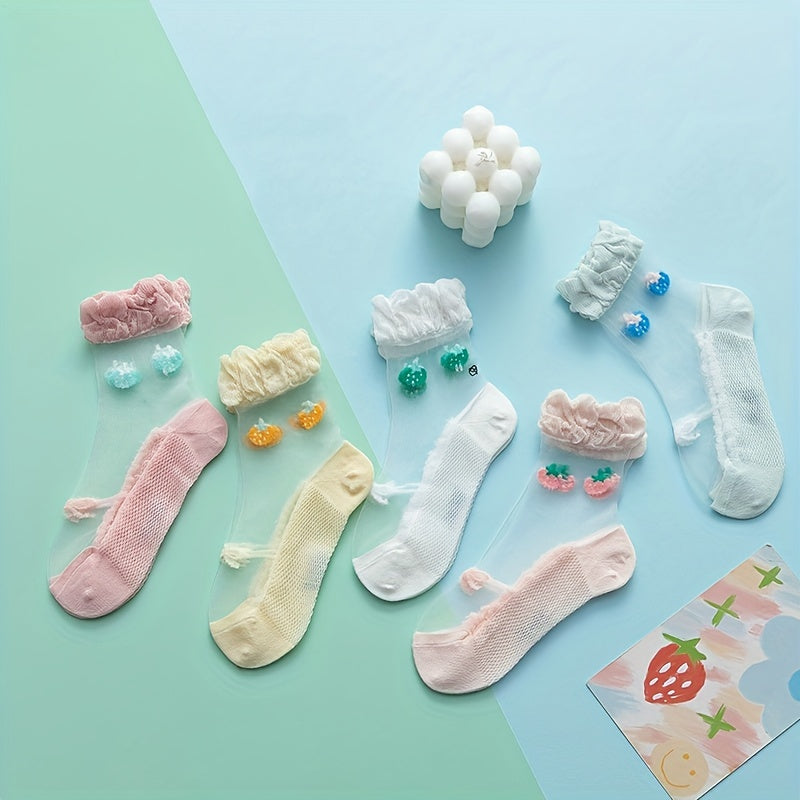 5 Pairs Kids Ice Stockings Ultra-thin Mesh Crystal Socks Cotton Strawberry Lace