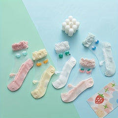 5 Pairs Kids Ice Stockings Ultra-thin Mesh Crystal Socks Cotton Strawberry Lace