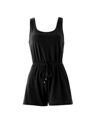 Casual Drawstring Waist Romper Jumpsuit Solid Color Sleeveless Summer Outfit