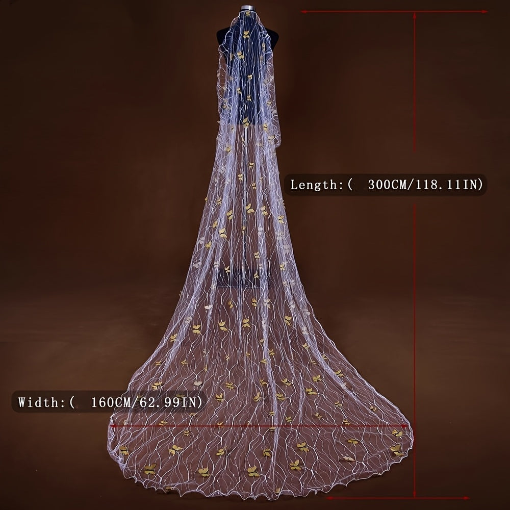 Vintage Royal Court Style Long Bridal Veil with Yellow Butterfly Embellishments