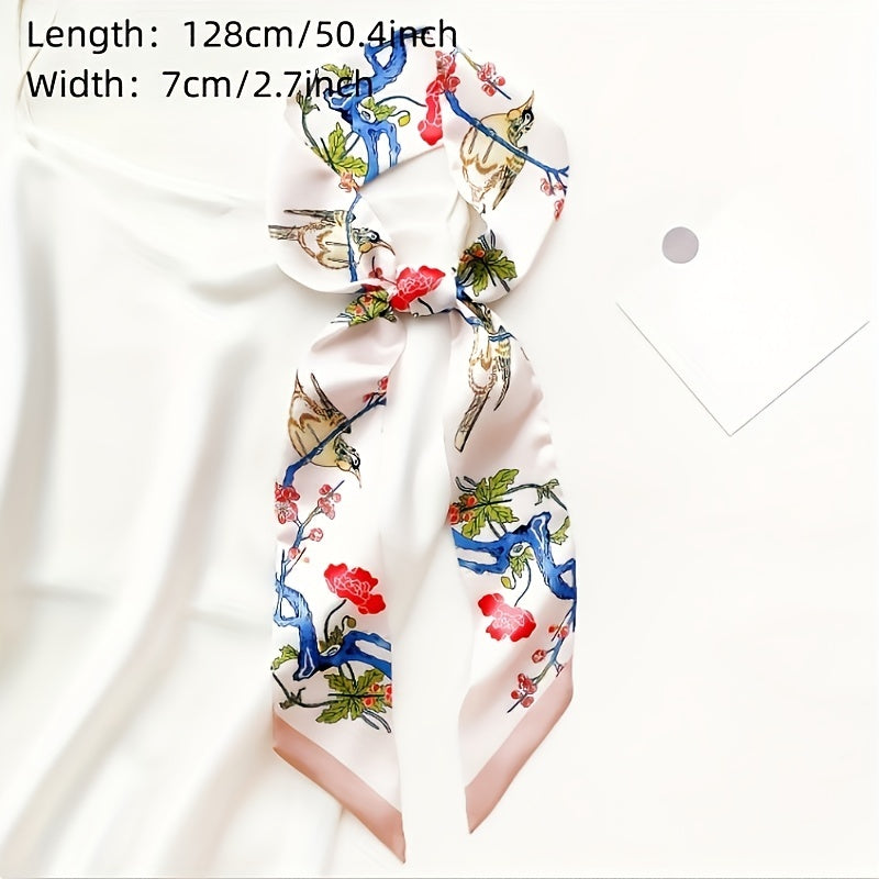 Colorful Flower Birds Skinny Scarf Printed Neckerchief Hair Ribbon