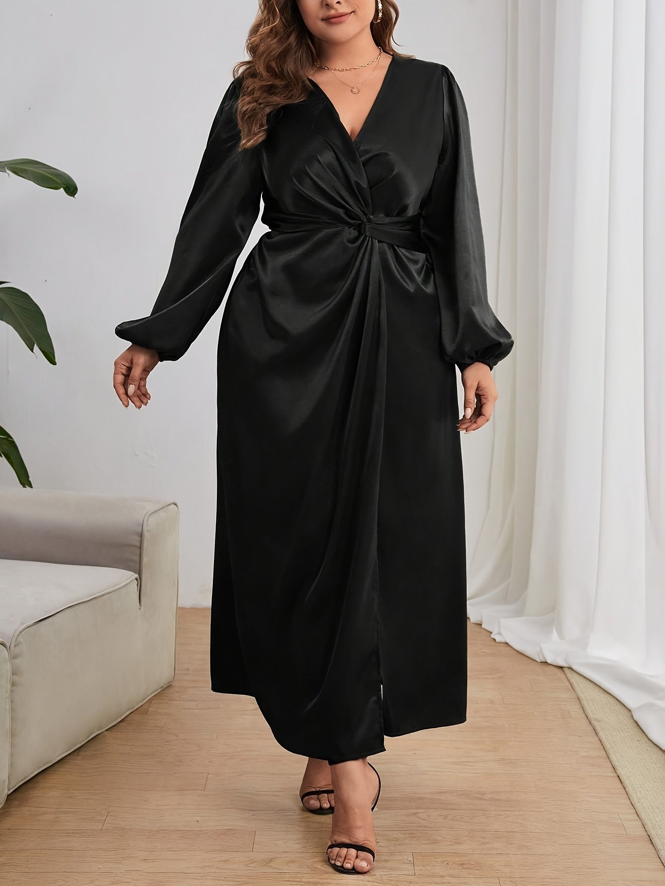 Solid Lantern Sleeve Surplice Neck Wrap Dress