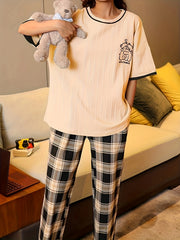Bear Print Pajama Set Short Sleeve Top & Plaid Pants