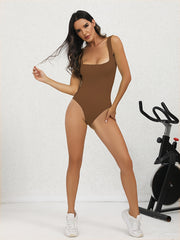 Ribbed Sleeveless Square Neck Tank Tops Bodysuits Solid Yoga Jumpsuit