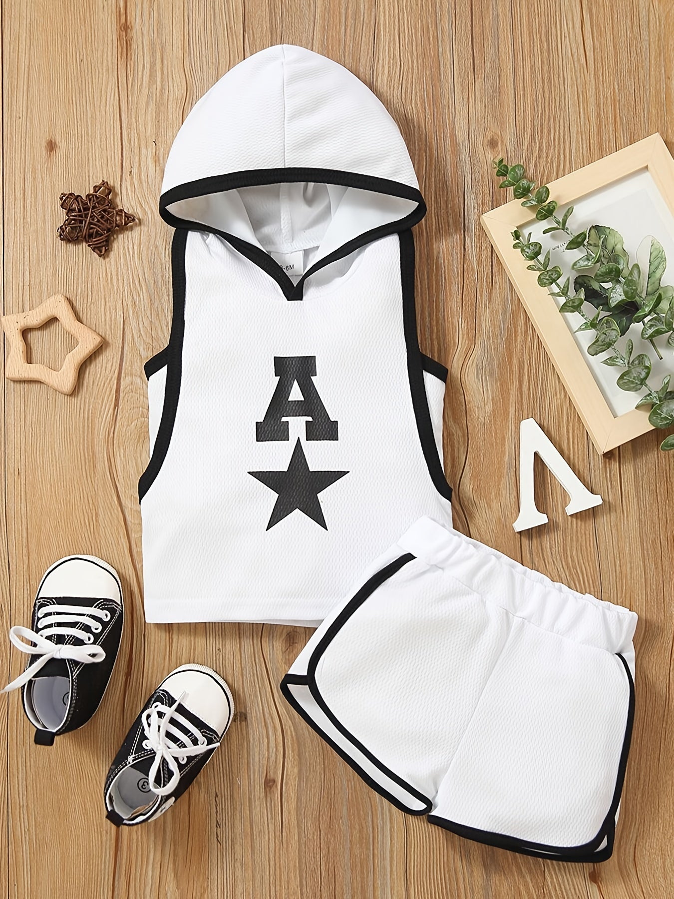 Baby Boys Star Print Hooded Top & Shorts Set, Summer Casual Outfit
