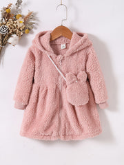 Toddler Baby Girls Furry Hooded Dress & Bag 2pcs Set