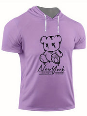 Men's Bear Graphic Hooded T shirt BEAR PRINT Casual Slightly Stretch Tee