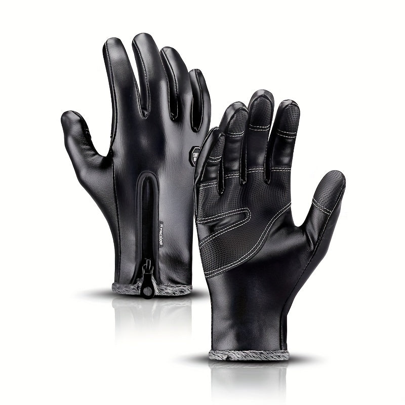 Autumn Winter Zipper PU Leather Gloves Waterproof Windproof Anti-slip
