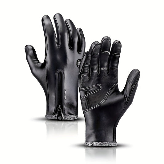 Autumn Winter Zipper PU Leather Gloves Waterproof Windproof Anti-slip