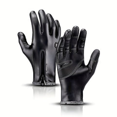 Autumn Winter Zipper PU Leather Gloves Waterproof Windproof Anti-slip