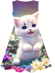 Sweet Flower Cat Print Dress Girls Casual Sleeveless Dresses For Summer Party