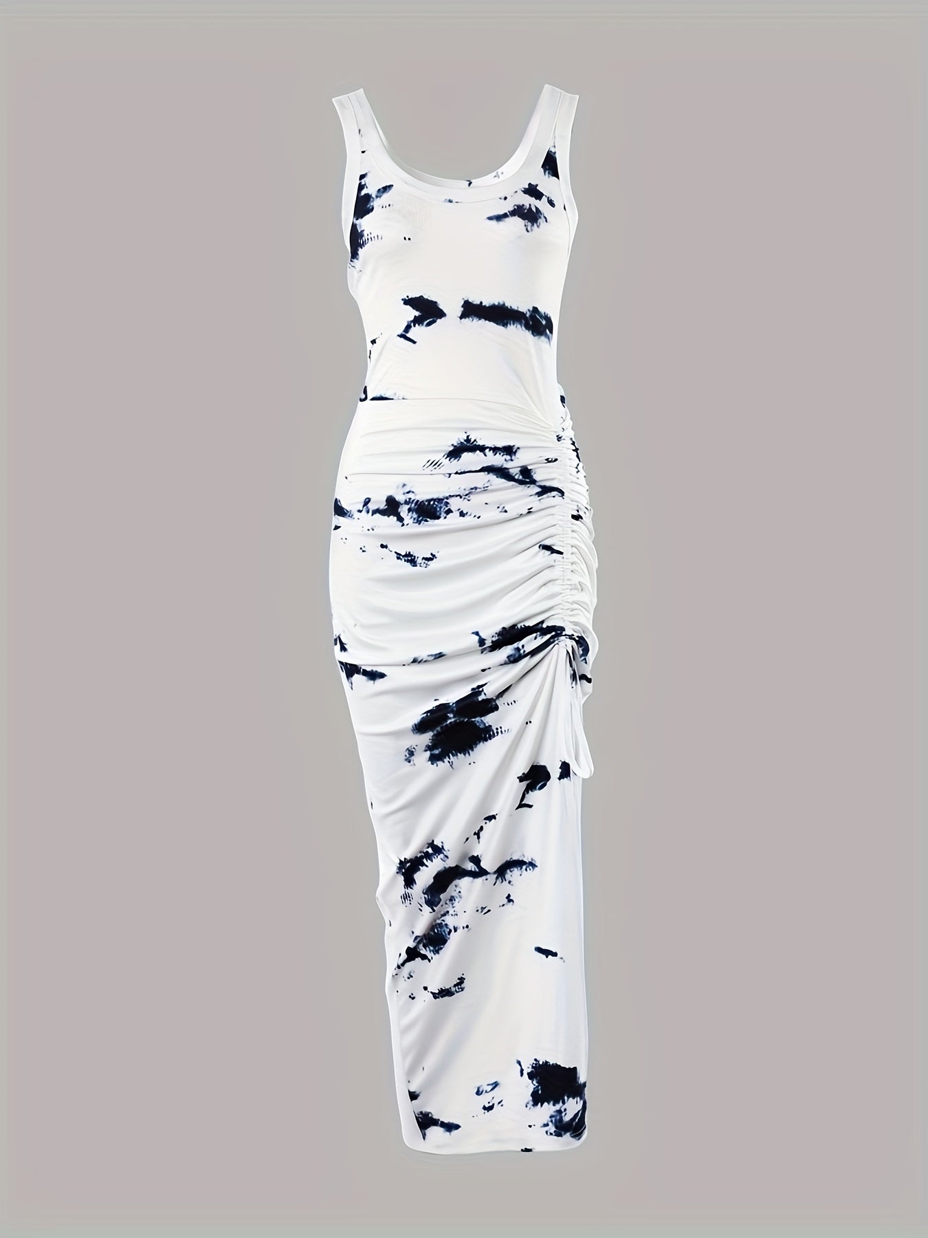 Striped Print Drawstring Dress Casual Crew Neck Sleeveless Split Summer Dress