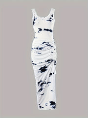 Striped Print Drawstring Dress Casual Crew Neck Sleeveless Split Summer Dress