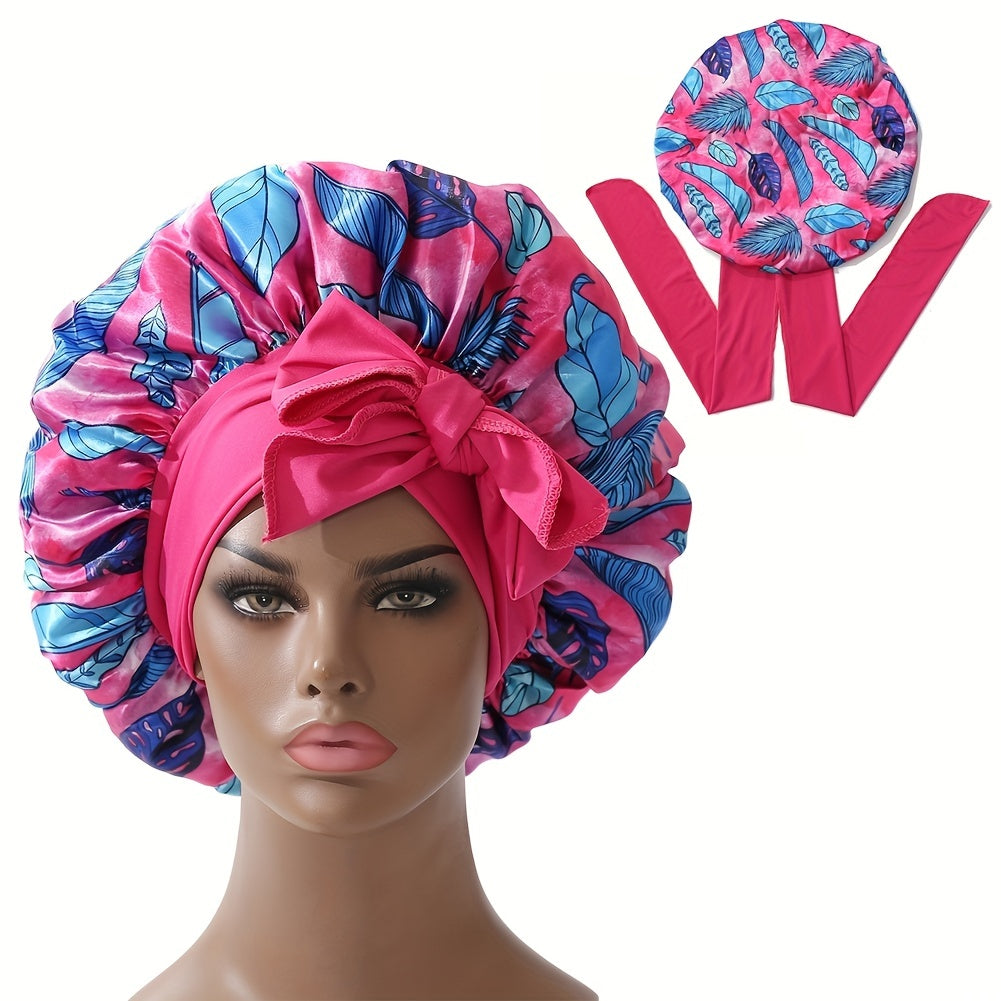 Flower Print Satin Bonnet Lightweight Sleeping Cap Wide Ribbon Hair Bonnets
