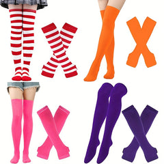 Striped Arm Sleeve Gloves & Thigh High Socks Set for Cosplay & Parties