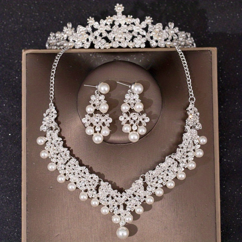 3PCS Faux Pearl Crown Earrings Necklace Set Head Jewelry