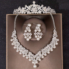 3PCS Faux Pearl Crown Earrings Necklace Set Head Jewelry