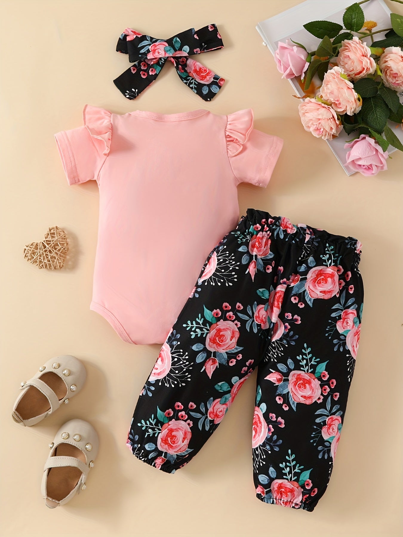 3pcs Baby Girls Daddy's Little Girl Short Sleeve Onesie & Floral Pants