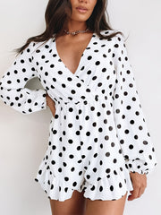Polka Dot Surplice Neckline Jumpsuit Ruffle Trim Romper