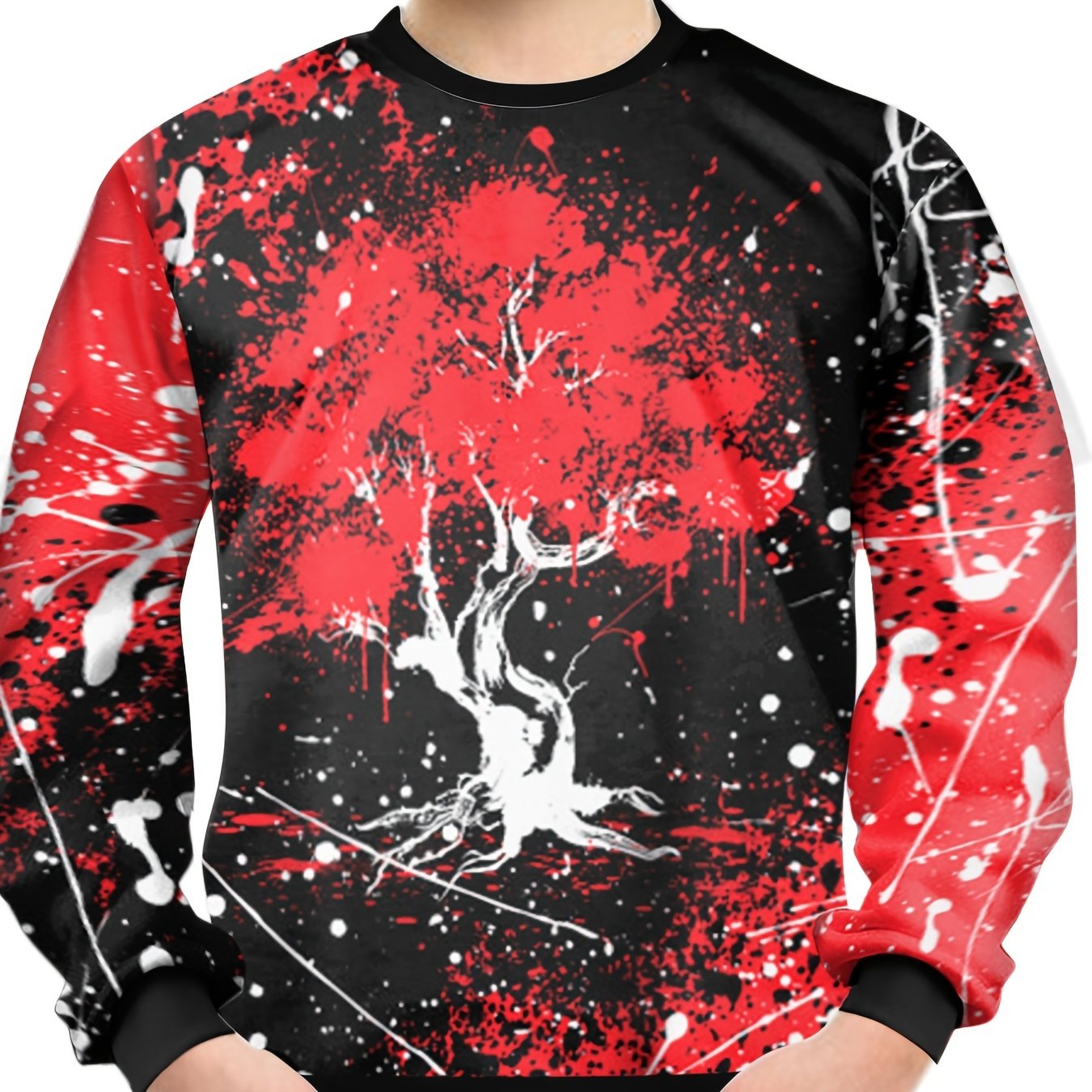 Teens Red Tree 3D Print Block Sweatshirt Casual Pullover Street Wear Clothes