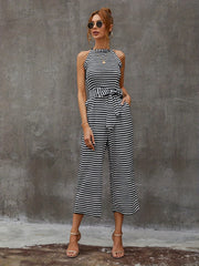 Striped Wide Leg Tie Front Jumpsuit for Women