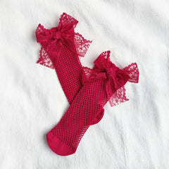 Girls Fishnet Lace Bow Over Calf Socks