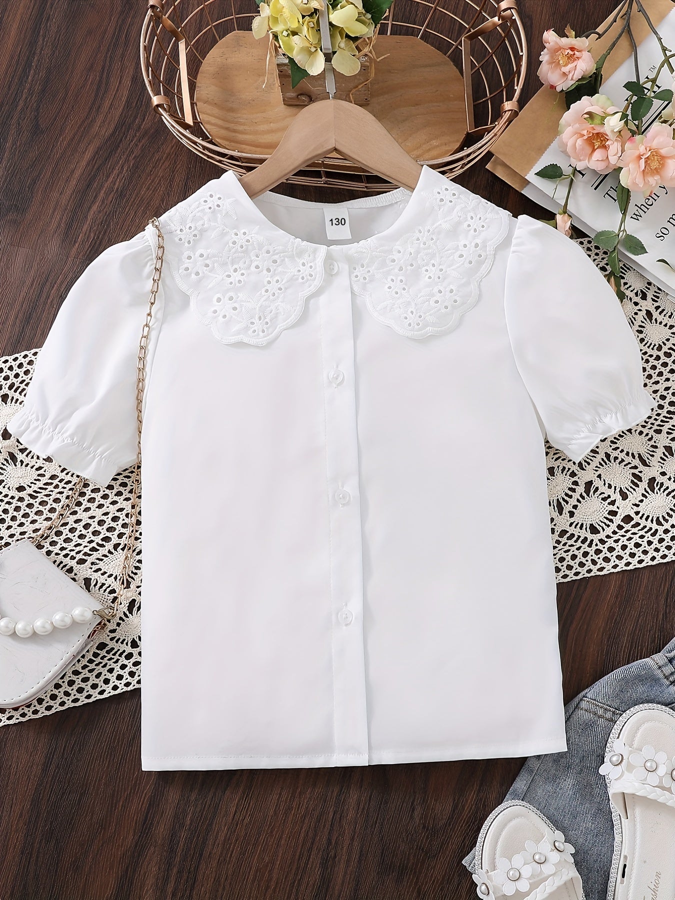 Toddler Girls Shirt Puff Sleeve Doll Collar Button Down Short Sleeve Blouse