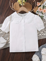 Toddler Girls Shirt Puff Sleeve Doll Collar Button Down Short Sleeve Blouse