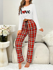 Letter Print Pajama Set Long Sleeve Top & Plaid Pants