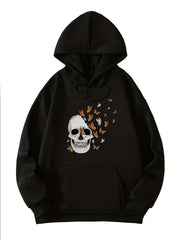 Halloween Skull Print Hooded Sweatshirt Women's Warm Sporty Top